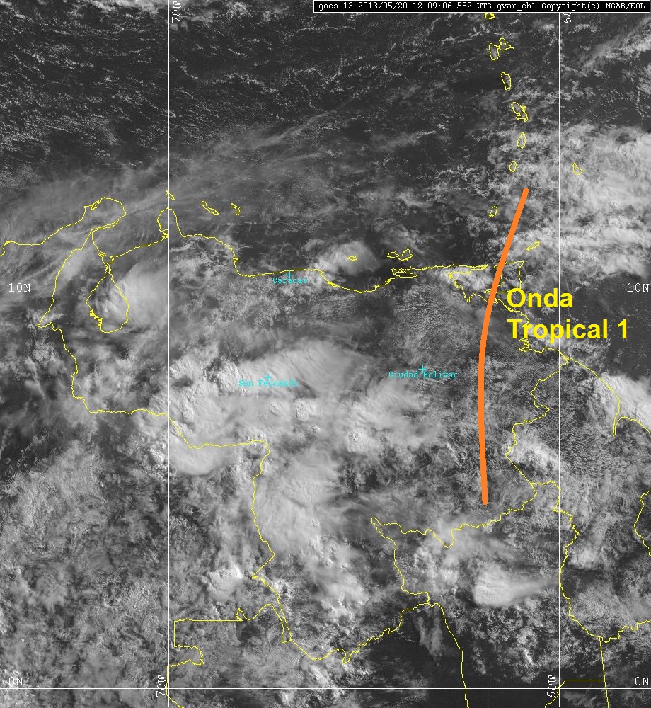 Imagen visible y ubicación de la Onda Tropical 1