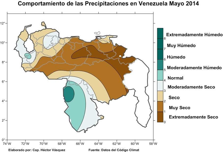 Mapa de Deciles de las Precipitaciones durante el mes de Mayo 2014. Fuente: SERMETAVIA