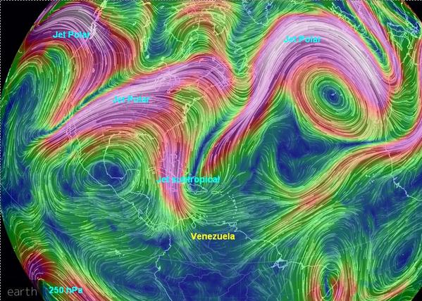 Mapa de vientos en altura donde se muestra el "chorro" de aire desde otras latitudes hacia Venezuela. Imagen analizada y posteada en twitter por @meteovenezuela